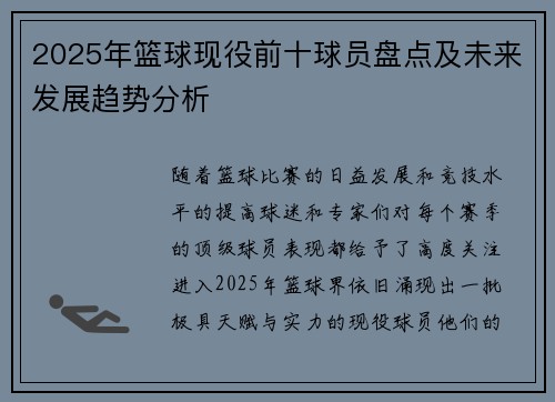 2025年篮球现役前十球员盘点及未来发展趋势分析