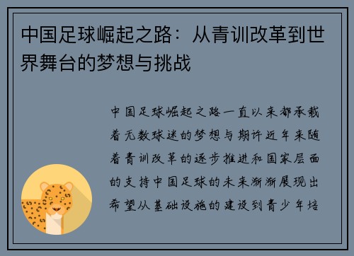 中国足球崛起之路：从青训改革到世界舞台的梦想与挑战